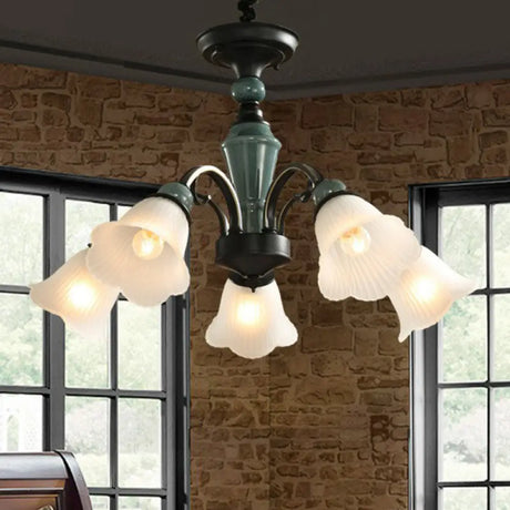 Green Vintage Floral Frosted Opal Glass Chandelier Pendant Light For Living Room 5 / Down