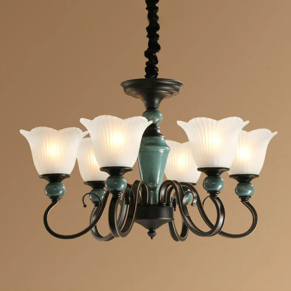 Green Vintage Floral Frosted Opal Glass Chandelier Pendant Light For Living Room 6 / Up