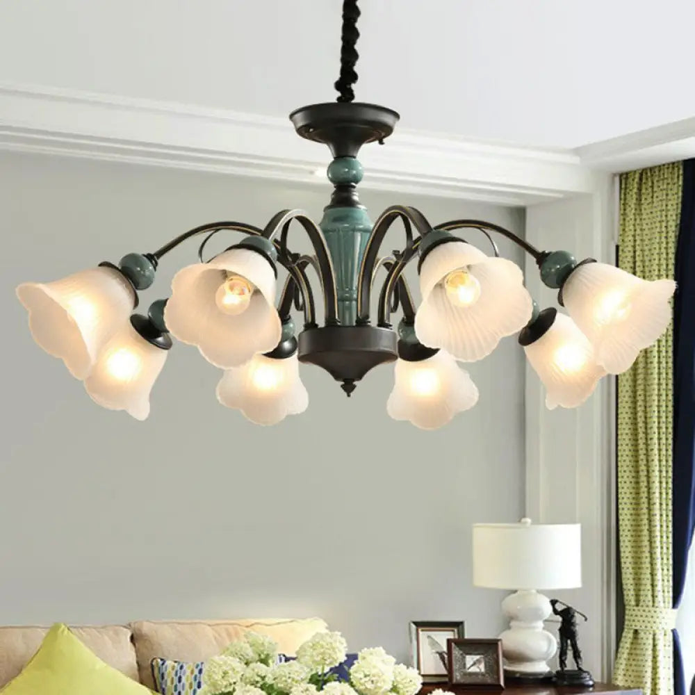 Green Vintage Floral Frosted Opal Glass Chandelier Pendant Light For Living Room 8 / Down