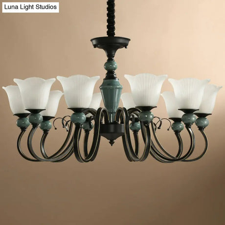 Green Vintage Floral Frosted Opal Glass Chandelier Pendant Light For Living Room