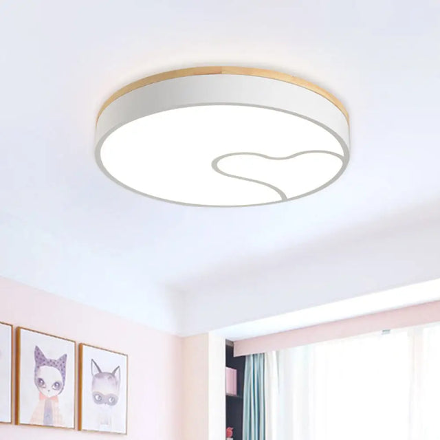 Green/White/Grey Macaron Ceiling Led Light With Wave Pattern And Wood Accent White