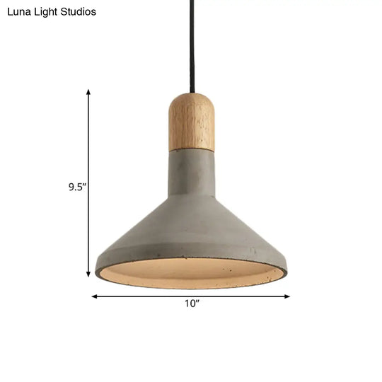 Vintage Flared Pendant Light Kit - Grey And Wood 1-Head Cement Hanging Ceiling Lamp