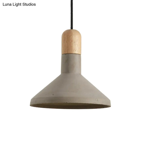 Vintage Flared Pendant Light Kit - Grey And Wood 1-Head Cement Hanging Ceiling Lamp