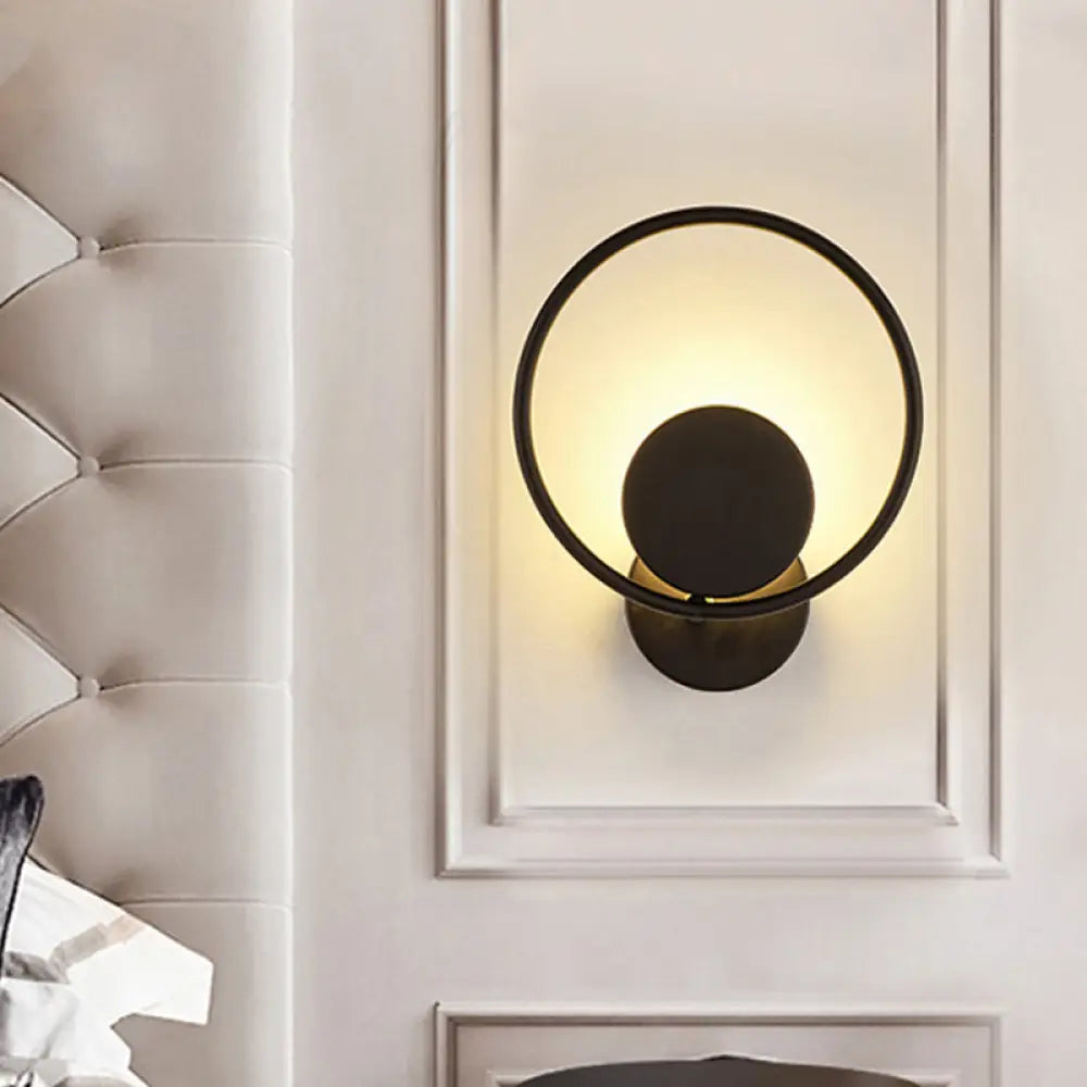 Halo Ring Metallic Sconce Light - Minimalist Black Led Wall Lamp In Warm/White
