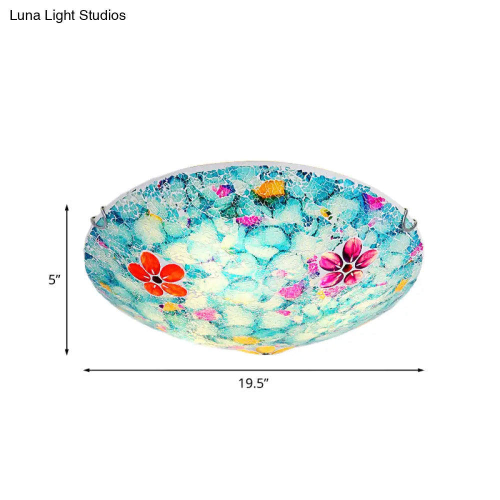 Hand - Cut Blue Glass Tiffany Flower Bowl Flush Light Fixture - 16’ Or 19.5’ Wide With 3 4