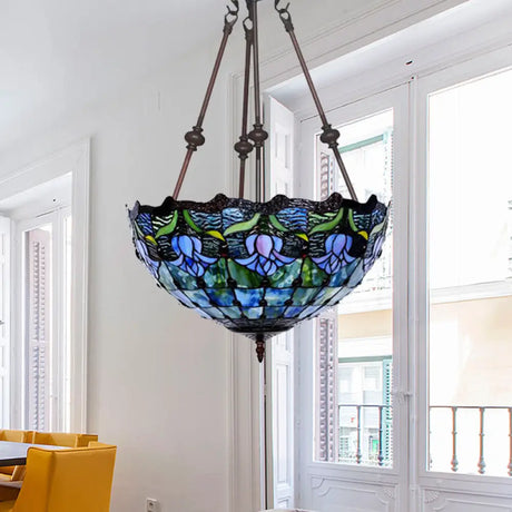 Hand-Cut Glass Pendant Flower Chandelier Light Fixture - Mediterranean Style 2 Lights Red/Blue Blue