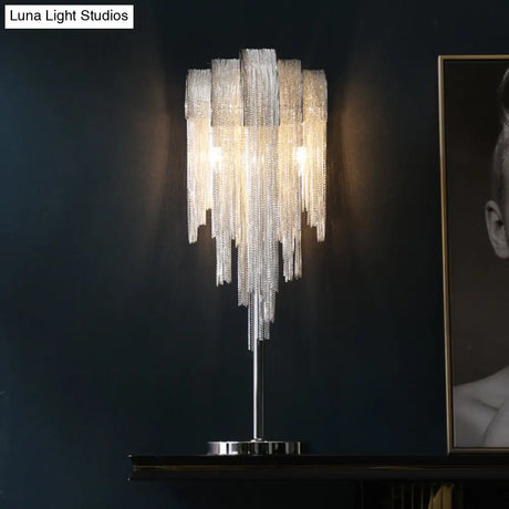 Hand-Woven Aluminum Chain Tassel Accent Lamp - 2-Light Silver Table Light For Living Room