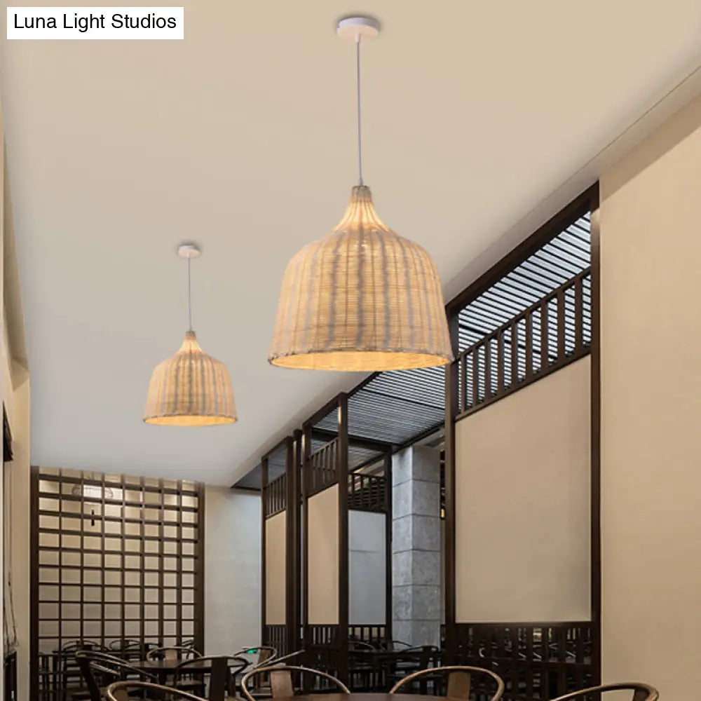 Hand-Woven Bamboo Bell-Shaped Pendant Light With Asian Rattan Shade And 59 Hanging Wire