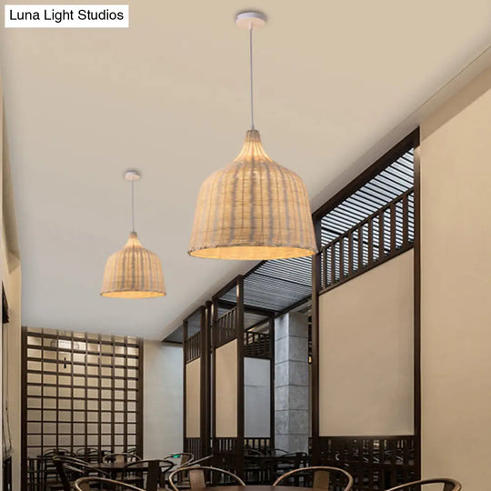 Hand-Woven Bamboo Bell-Shaped Pendant Light With Asian Rattan Shade And 59 Hanging Wire