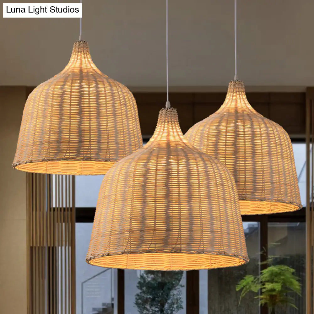 Hand-Woven Bamboo Bell-Shaped Pendant Light With Asian Rattan Shade And 59 Hanging Wire