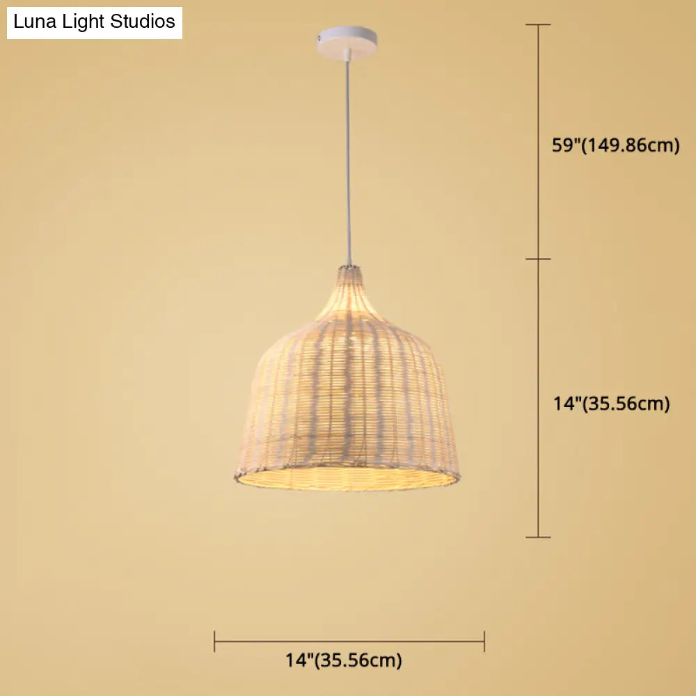 Hand-Woven Bamboo Bell-Shaped Pendant Light With Asian Rattan Shade And 59 Hanging Wire
