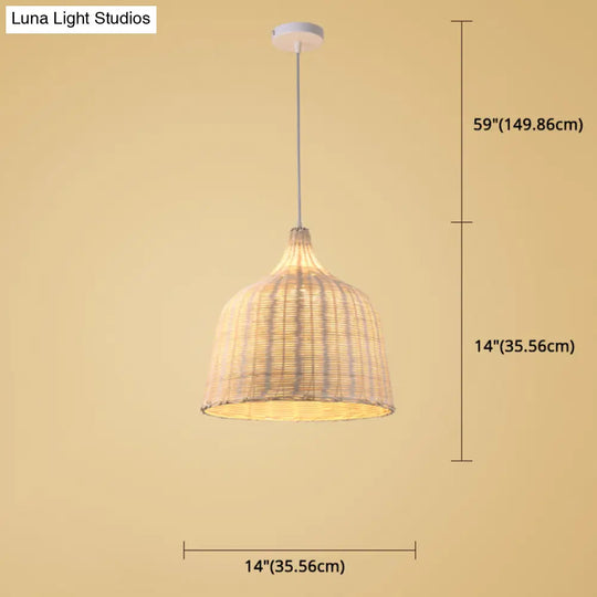 Hand-Woven Bamboo Bell-Shaped Pendant Light With Asian Rattan Shade And 59 Hanging Wire