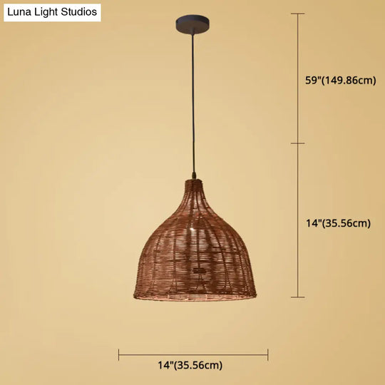 Hand-Woven Bamboo Bell-Shaped Pendant Light With Asian Rattan Shade And 59 Hanging Wire