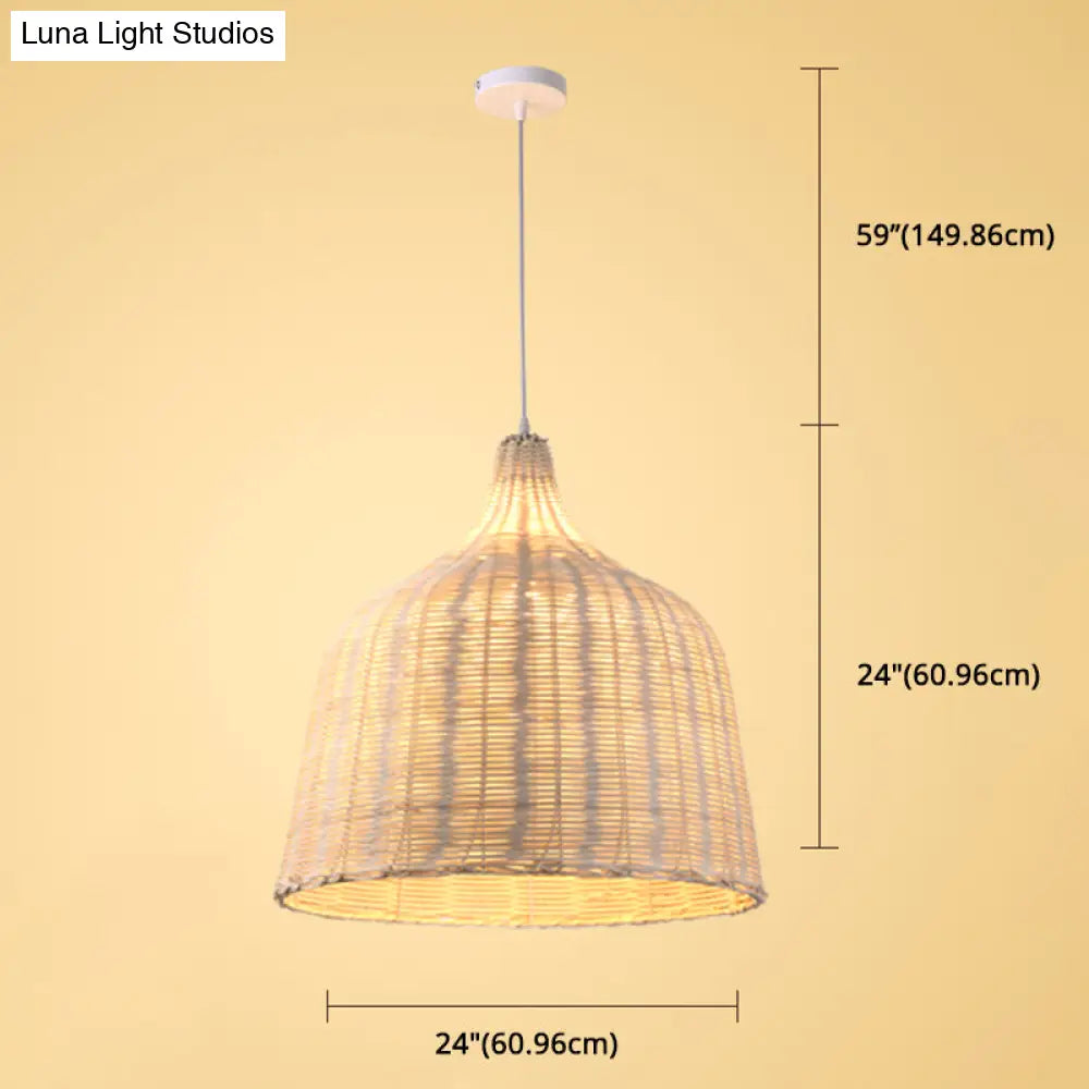 Hand-Woven Bamboo Bell-Shaped Pendant Light With Asian Rattan Shade And 59 Hanging Wire
