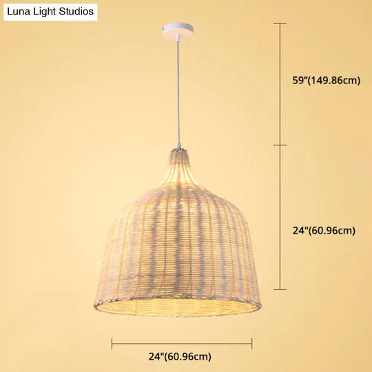 Hand-Woven Bamboo Bell-Shaped Pendant Light With Asian Rattan Shade And 59 Hanging Wire