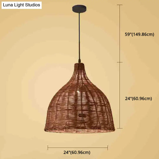 Hand-Woven Bamboo Bell-Shaped Pendant Light With Asian Rattan Shade And 59 Hanging Wire