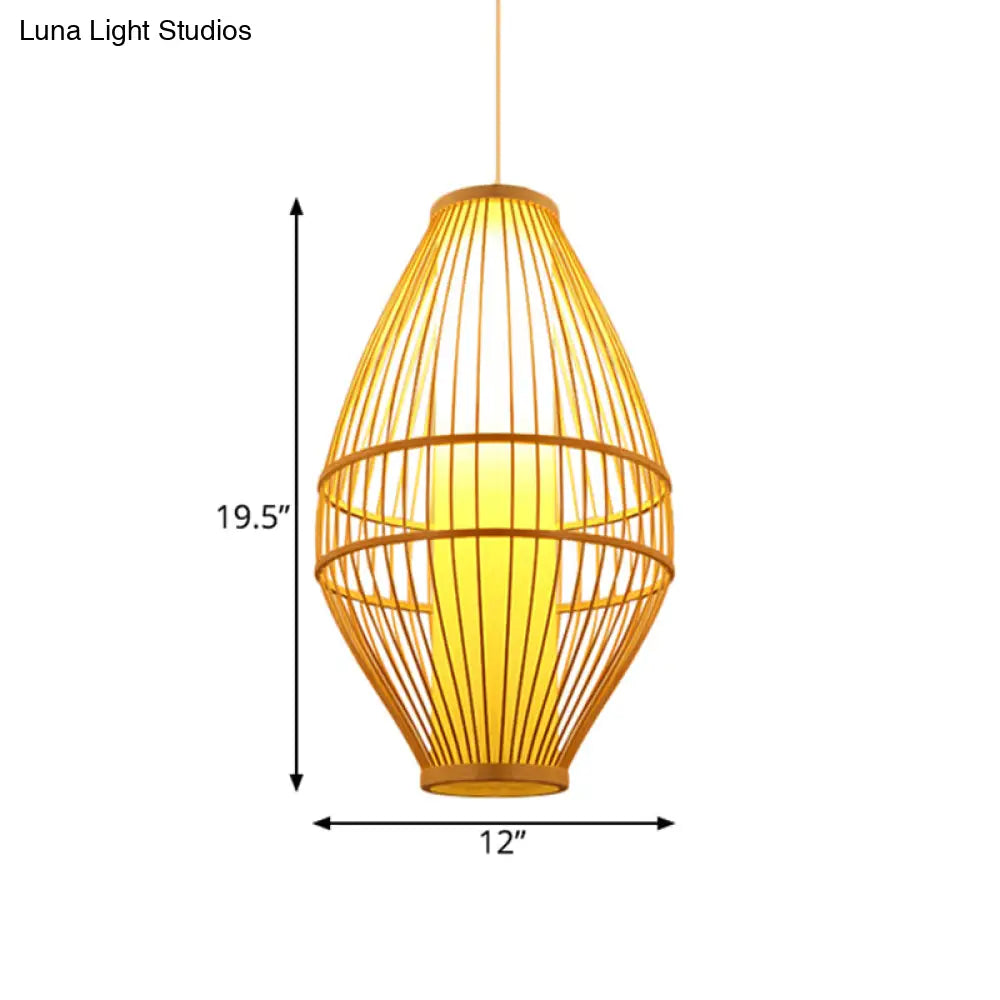Hand-Woven Beige Hanging Light: Asian Style 1-Light Bamboo Pendant Lamp