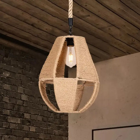 Hand-Woven Teardrop Pendant Light - Farmhouse Bistro Design In Brown