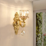 Handblown Glass Gold Floral Corridor Wall Mount Light With Crystal Accent - Minimalistic Lighting /