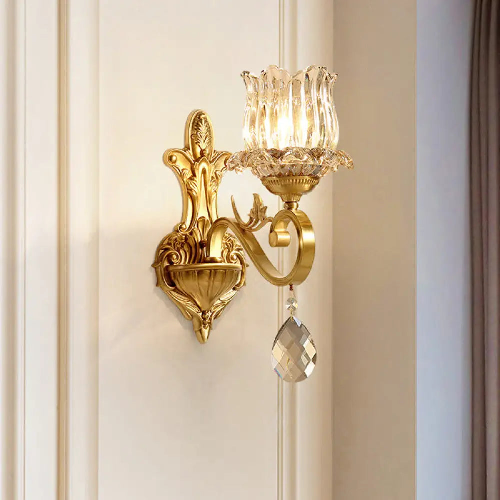 Handblown Glass Gold Floral Corridor Wall Mount Light With Crystal Accent - Minimalistic Lighting /