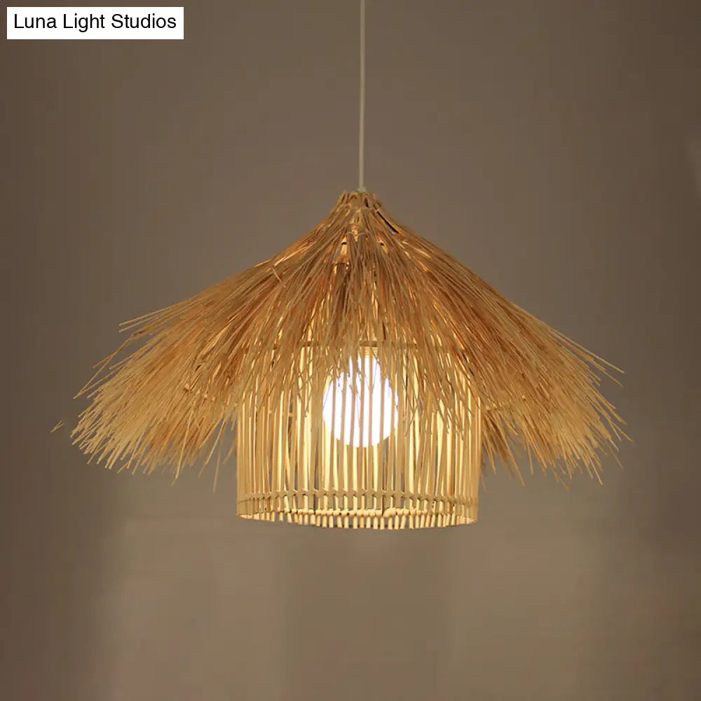 Handcrafted Asian Bamboo Pendant Light Fixture In Coffee/Flaxen Shade