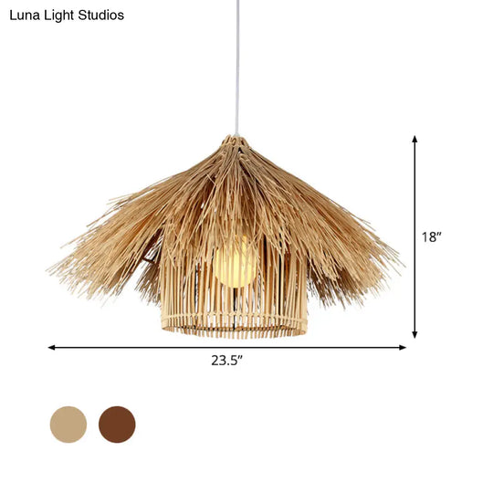 Handcrafted Asian Bamboo Pendant Light Fixture In Coffee/Flaxen Shade