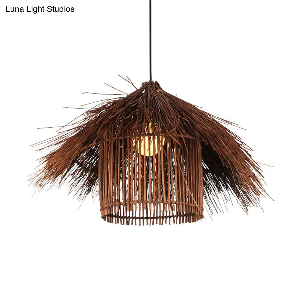 Handcrafted Asian Bamboo Pendant Light Fixture In Coffee/Flaxen Shade