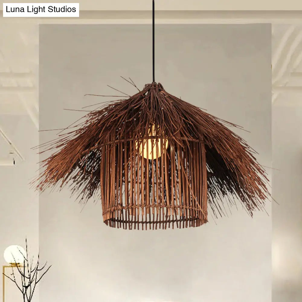 Handcrafted Asian Bamboo Pendant Light Fixture In Coffee/Flaxen Shade