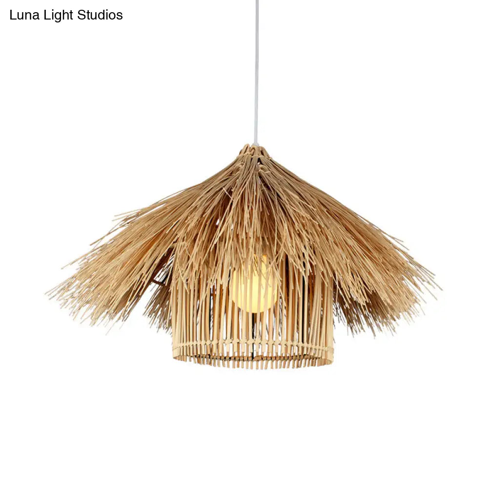 Handcrafted Asian Bamboo Pendant Light Fixture In Coffee/Flaxen Shade