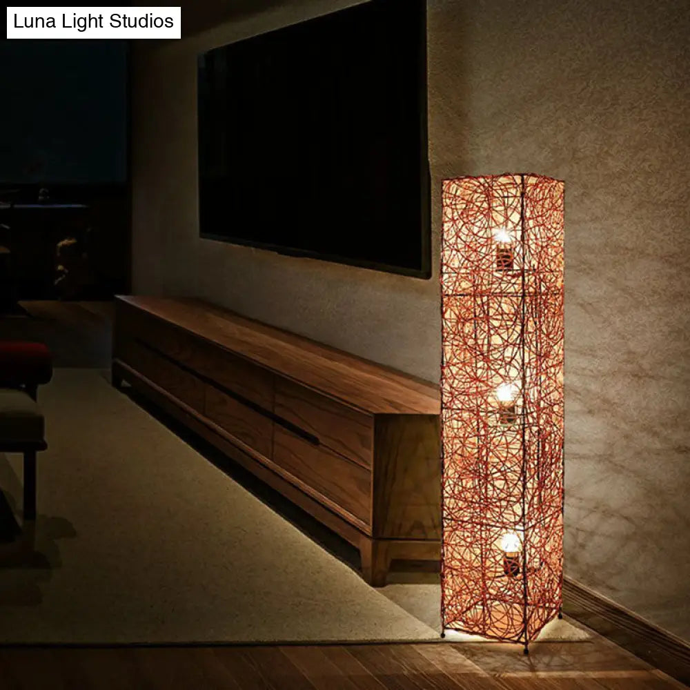 Handcrafted Asian Style Rattan Tea Room Floor Lamp With 3 Shade Heads