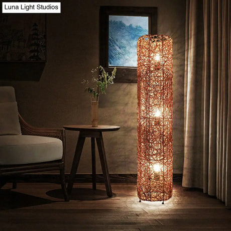 Handcrafted Asian Style Rattan Tea Room Floor Lamp With 3 Shade Heads