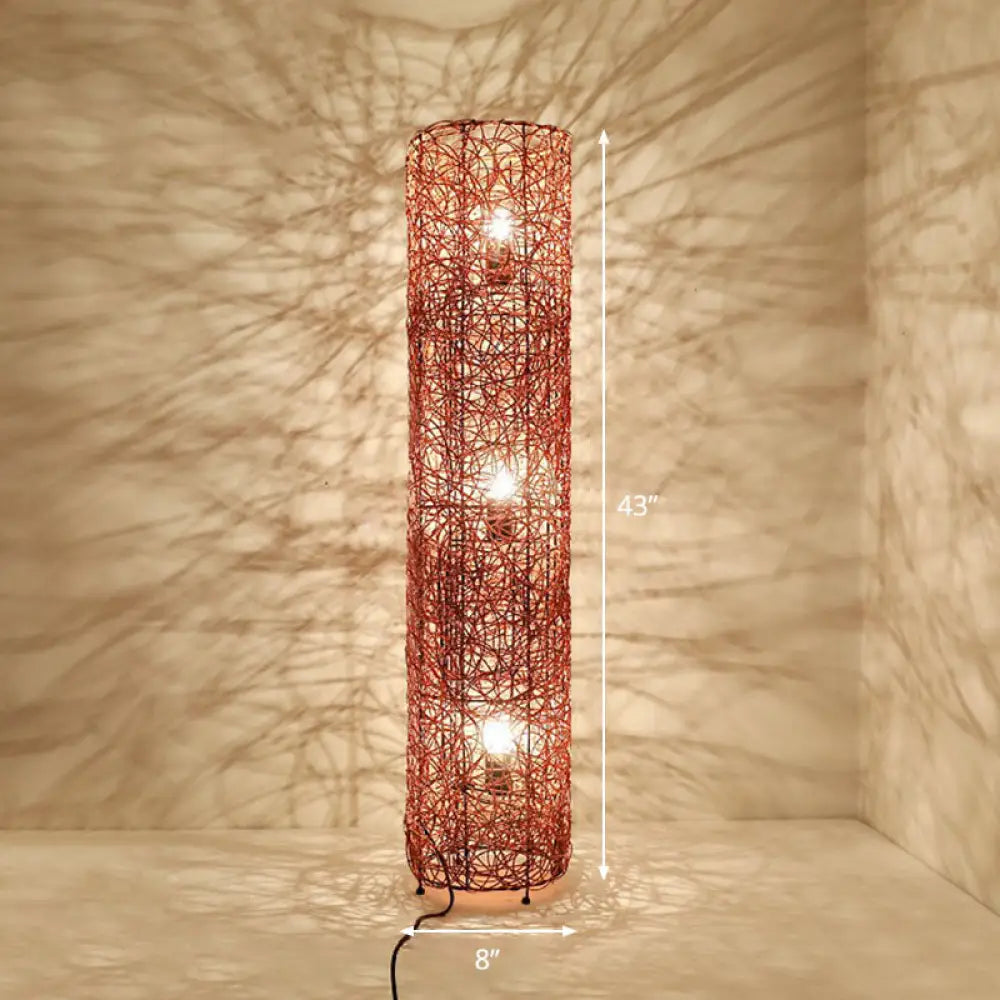 Handcrafted Asian Style Rattan Tea Room Floor Lamp With 3 Shade Heads Brown / Round