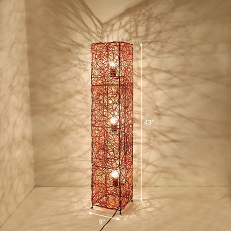 Handcrafted Asian Style Rattan Tea Room Floor Lamp With 3 Shade Heads Brown / Square Plate