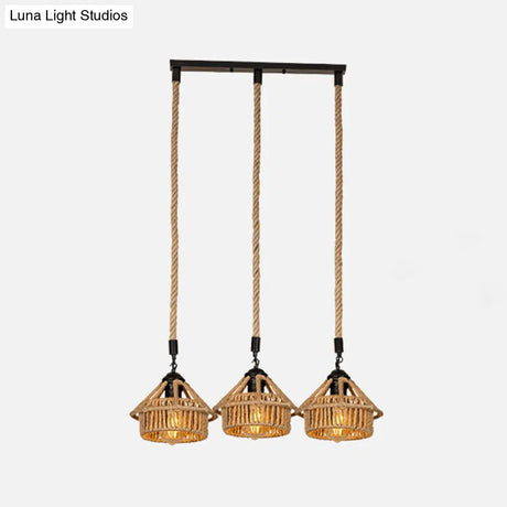 Handcrafted Cottage Brown Multi-Pendant Light Fixture With Rope Detail - Round/Linear Canopy (3/6