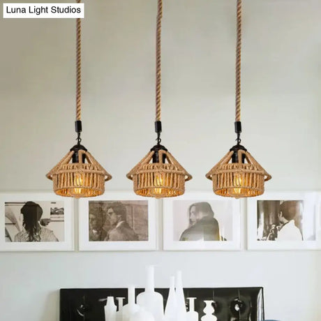 Handcrafted Cottage Brown Multi-Pendant Light Fixture With Rope Detail - Round/Linear Canopy (3/6