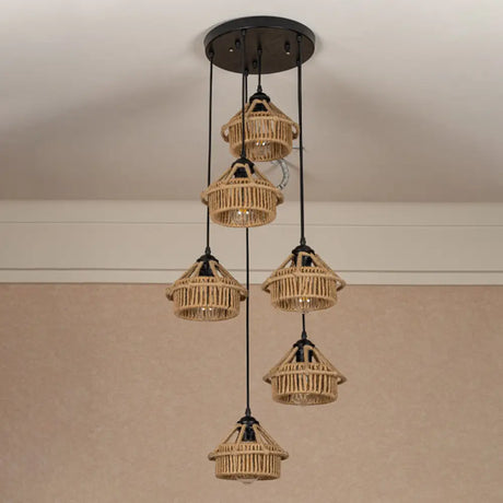 Handcrafted Cottage Brown Multi-Pendant Light Fixture With Rope Detail - Round/Linear Canopy (3/6