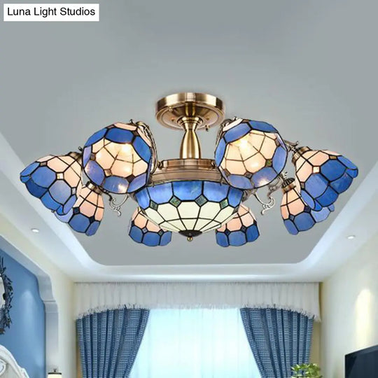 Handcrafted Grid Pattern Art Glass Ceiling Light With Blue Semi Flush Mount - 3/5/11 Heads 11 /