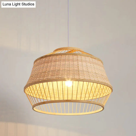 Handcrafted Japanese Bamboo Pendant Ceiling Lamp In Beige