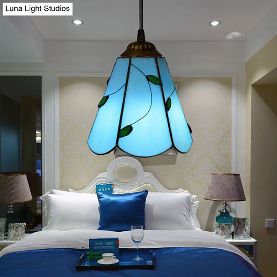 Mediterranean Handcrafted Stained Glass Pendant Light In Blue For Bedroom