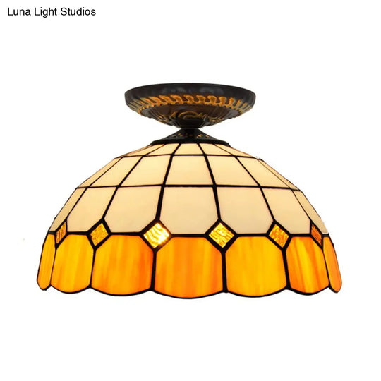 Handcrafted Stained Glass Tiffany Flush Mount Light: Led Grid Pattern 1 Bulb Close To Ceiling Lamp