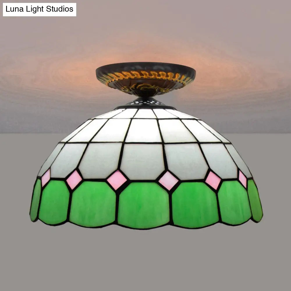 Handcrafted Stained Glass Tiffany Flush Mount Light: Led Grid Pattern 1 Bulb Close To Ceiling Lamp