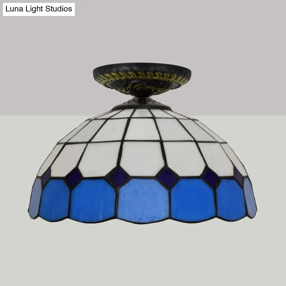 Handcrafted Stained Glass Tiffany Flush Mount Light: Led Grid Pattern 1 Bulb Close To Ceiling Lamp