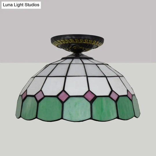 Handcrafted Stained Glass Tiffany Flush Mount Light: Led Grid Pattern 1 Bulb Close To Ceiling Lamp