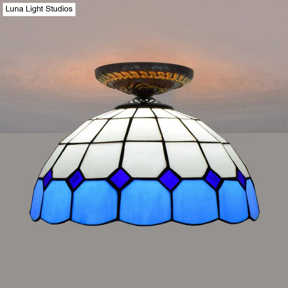 Handcrafted Stained Glass Tiffany Flush Mount Light: Led Grid Pattern 1 Bulb Close To Ceiling Lamp