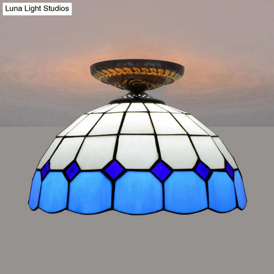 Handcrafted Stained Glass Tiffany Flush Mount Light: Led Grid Pattern 1 Bulb Close To Ceiling Lamp