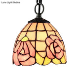 Handcrafted Tiffany Art Glass Ceiling Light - Pink-White/Green Design With Adjustable Chain