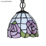 Handcrafted Tiffany Art Glass Ceiling Light - Pink-White/Green Design With Adjustable Chain