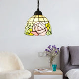 Handcrafted Tiffany Art Glass Ceiling Light - Pink-White/Green Design With Adjustable Chain
