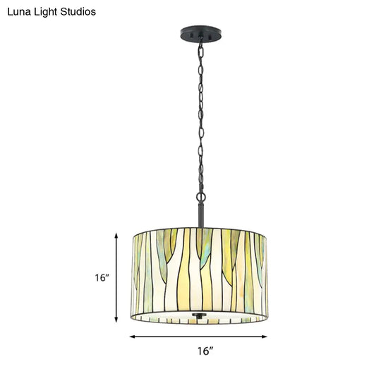 Handcrafted Tiffany Style Yellow Drum Suspension Lamp For Living Room