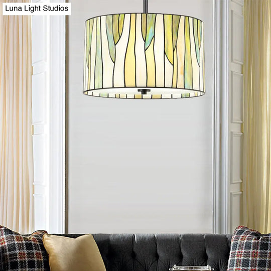 Handcrafted Tiffany Style Yellow Drum Suspension Lamp For Living Room